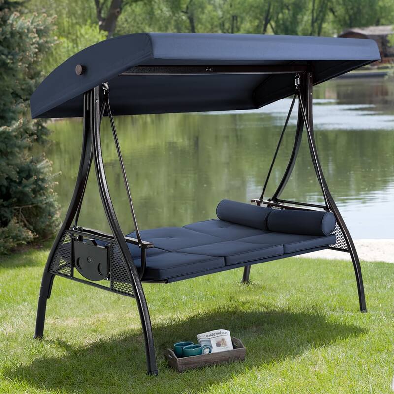 Outdoor 3-Seat Porch Swing with Adjustable Canopy & Cup Holder,Porch Swing Glider Chair, Heavy-Duty Steel Frame