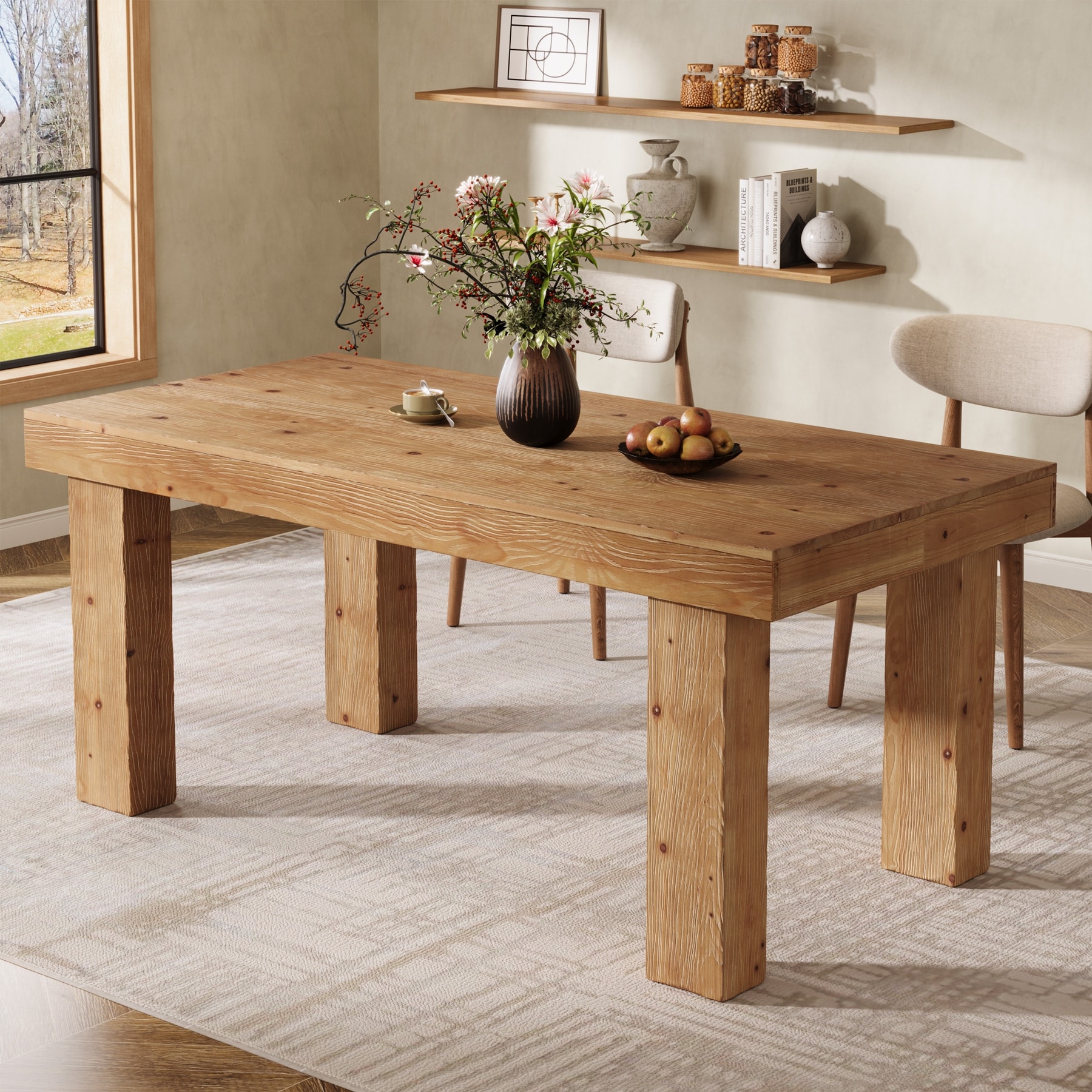 Solid Wood Dining Table, 63" Farmhouse Rectangle Kitchen Table for 4-6