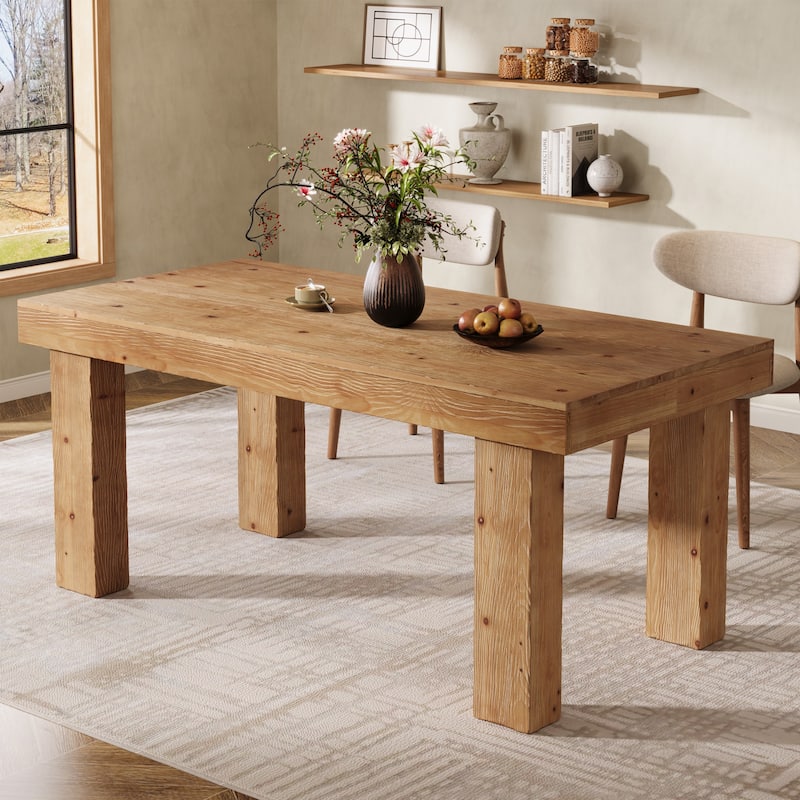 Solid Wood Dining Table, 63" Farmhouse Rectangle Kitchen Table for 4-6 - Light Brown