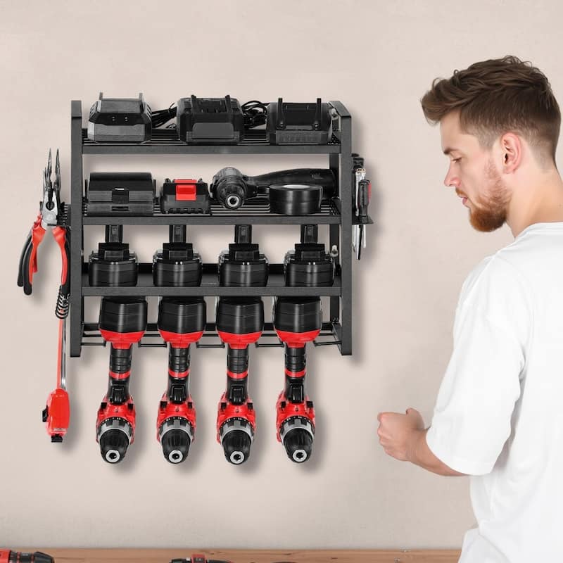 4-Tier Black Wall-Mounted Power Tool Rack with Drill Slots Shelves and Hooks for Garage Storage - 19.29” x 7.87” x 14.57”