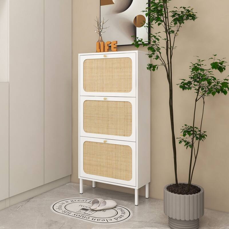 Freestanding Modern Shoe Rack Storage with 3 Natural Rattan Door