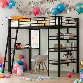 Modern Twin Size Loft Bed with 3 Layers of Shelves and Desk with Whiteboard and Metal Frame for Bedroom