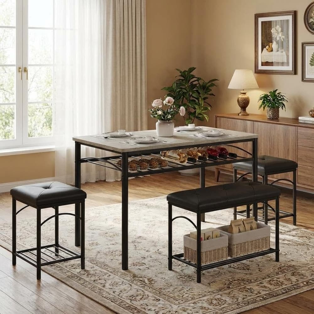 Kitchen Dining Table Set for 4 with Upholstered 1 Benches and 2 Stools