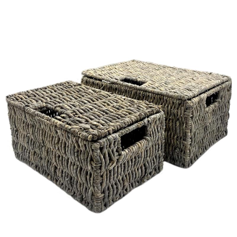 Woven Grass Grey Rectangular Lidded Storage Baskets (Set of 2)