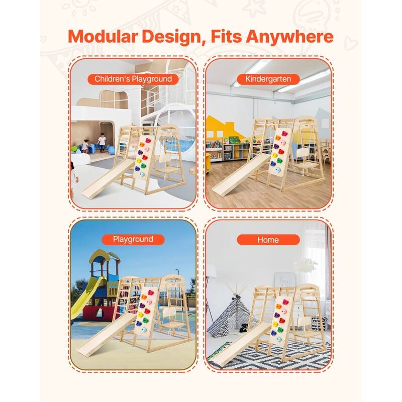 7-in-1 Kids Climbing Gym Indoor Playset, Wooden Slide Swing Monkey Bars Rope and Net Ladder - 43 x 47.2 x 47 inch