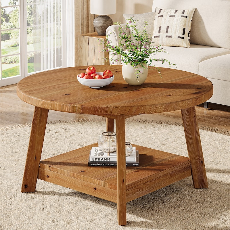 2-tier Solid Wood Round Coffee Table for Living Room - 31.5" D x 31.5" W x 17.7" H - Brown