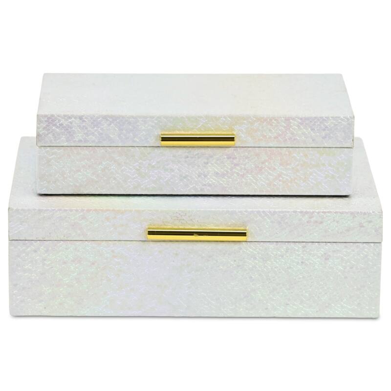 Nimue Set of 2 Rectangular Decorative Storage Boxes - Prismatic Fish Scale Pattern with Gold Hardware