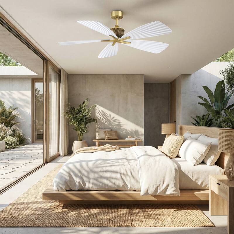 56" Tropical White Palm Leaf 5-Blade Indoor Outdoor Ceiling Fan with Remote, No Light