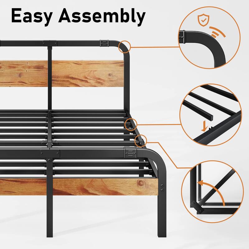 Heavy Duty Bed Frame with Wooden Headboard and Footboard, Noise-Free, Easy Assembly