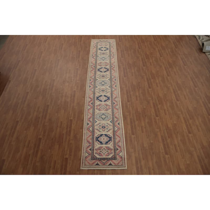 Hand Knotted Oriental 100% Wool Carpet Traditional Geometric Beige & Ivories Kazak Runner Rug - 16' 3'' X 3' 2''