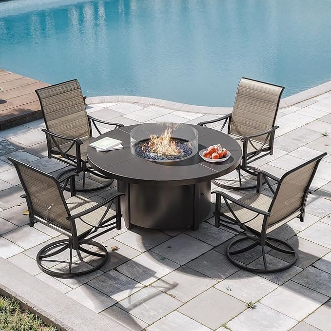 Kullavik Textilene Chairs and Round Gas Fire Pit Table, Outdoor Patio Furniture Set