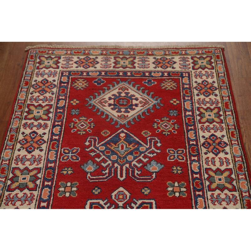 Red Geometric Kazak Oriental Wool Runner Rug Handmade Hallway Carpet - 2'8" x 9'9"