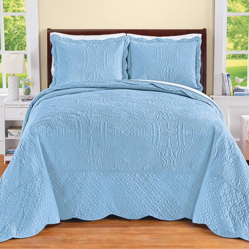 Demi Oversized Textured Medallion Design Scalloped Edge Bedspread - Blue - Full