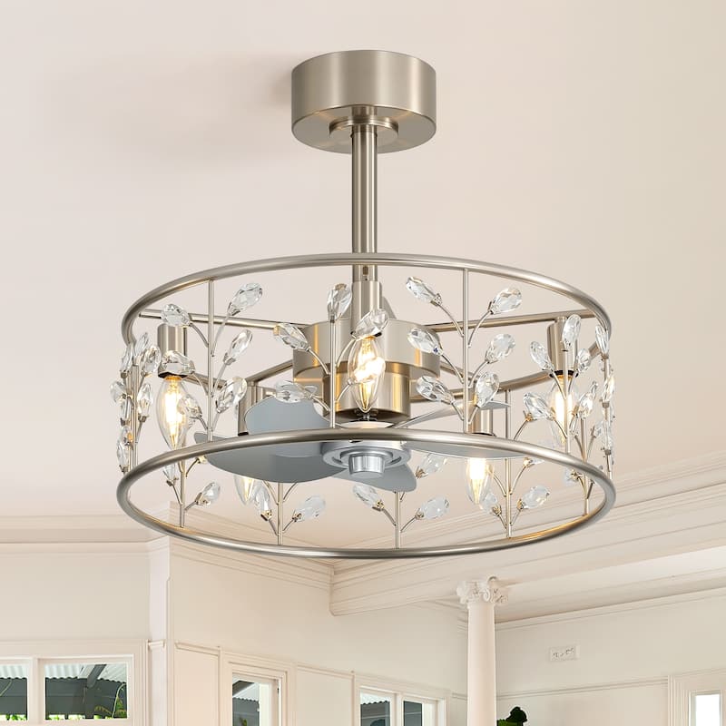20" Glam Crystal Chandelier Caged Ceiling Fan with Light and Remote - Stain Nickel- Crystal Leaf Shade