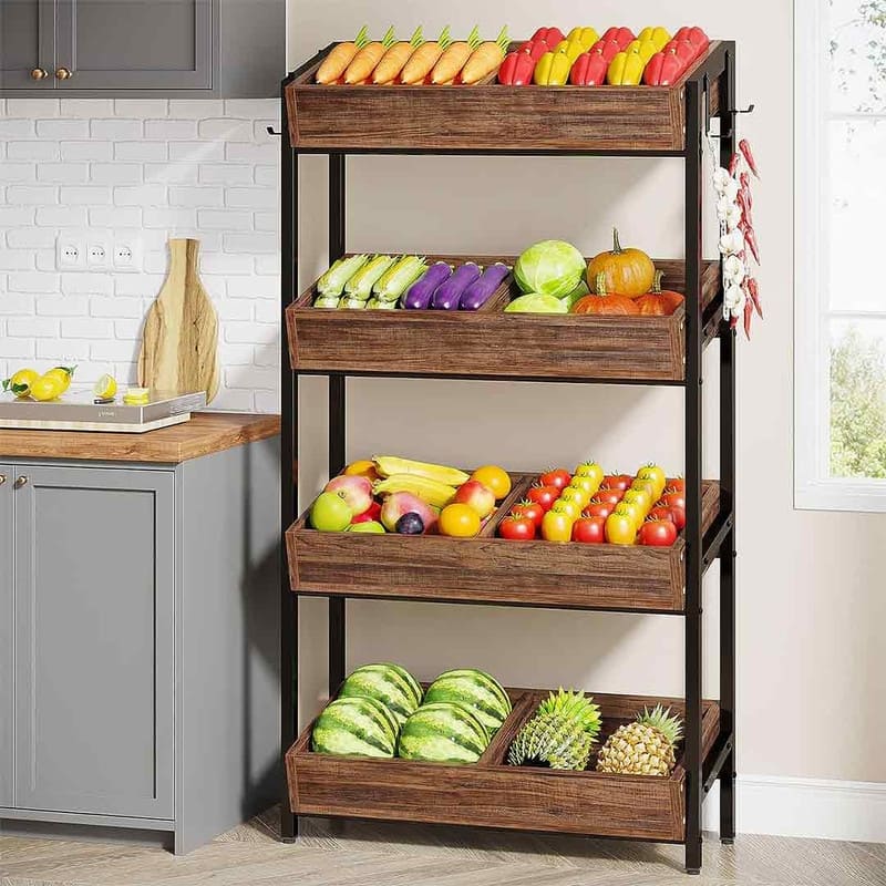 Wood Fruit and Vegetable Basket Stand Rack , 4-Tier Wooden Utility ...