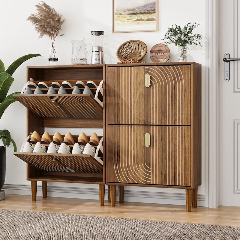 Shoe Cabinet with 2 Flip Drawers & Metal Handles, Freestanding Wood Storage Cabinet, Shoe Rack with Adjustable Shelves