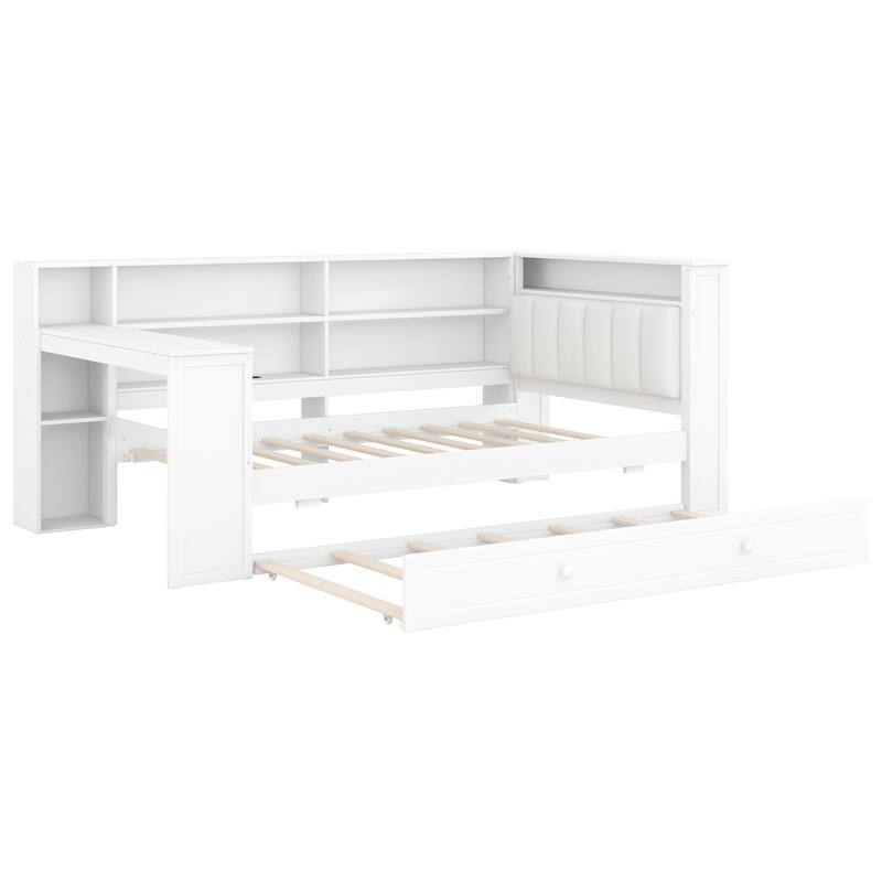Roomfitters Twin/Full Platform Bed with Trundle, LED Headboard, Charging Station and Storage