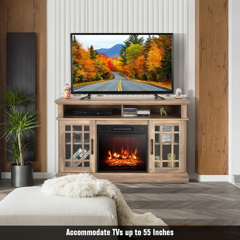48 Inch Electric Fireplace TV Stand with 2 Side Cabinets and 2 Open Shelves - 48" x 16" x 30" (L x W x H)