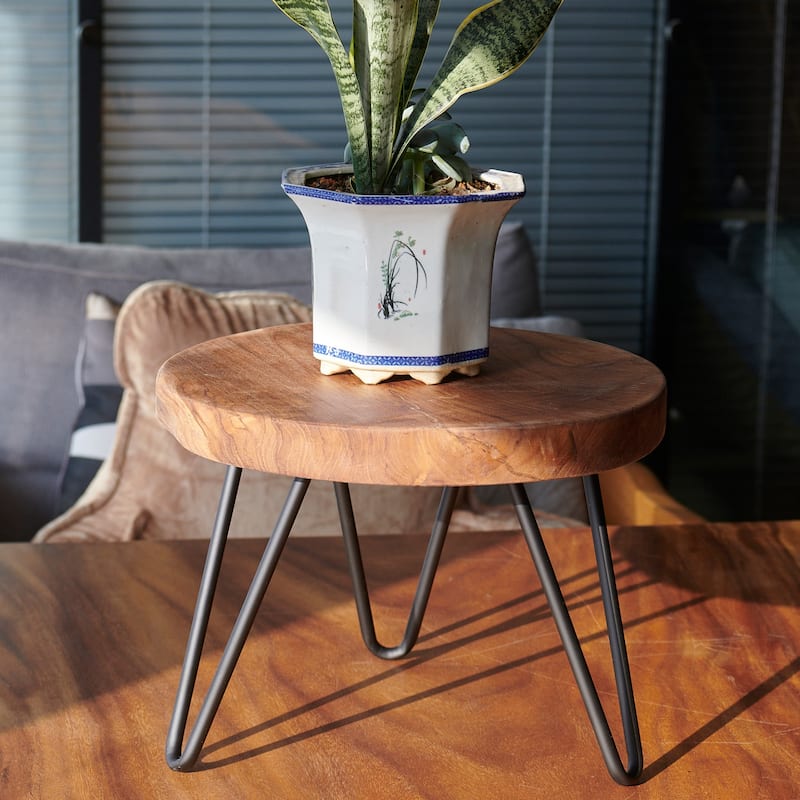 Teak Wood Round Plant Stand Table - 15.74" x 15.74"x 11.96"