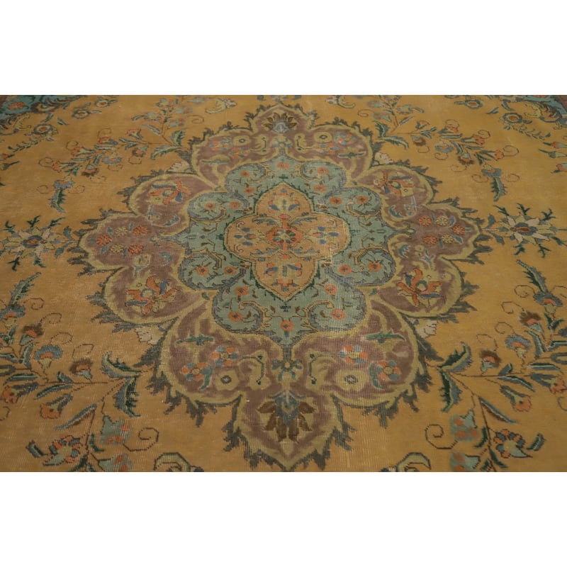 Hand Knotted Oriental 100% Wool Carpet Traditional Floral Yellow & Gold Tabriz Area Rug - 12' 10'' X 9' 10''