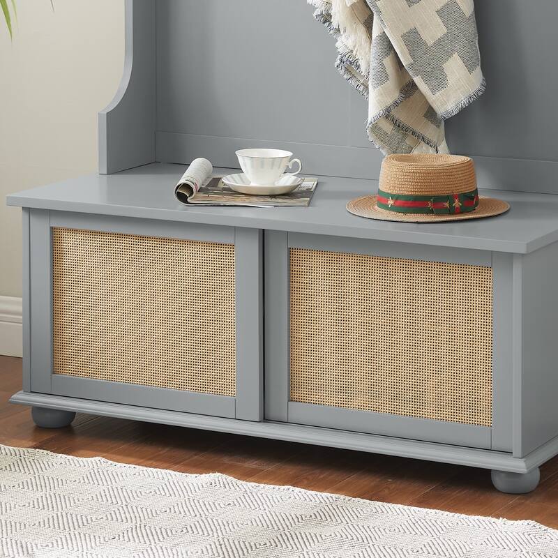 Modern Rattan Door Coat Rack Entryway Storage Bench with Shoe Storage Compartments and Open Shelves
