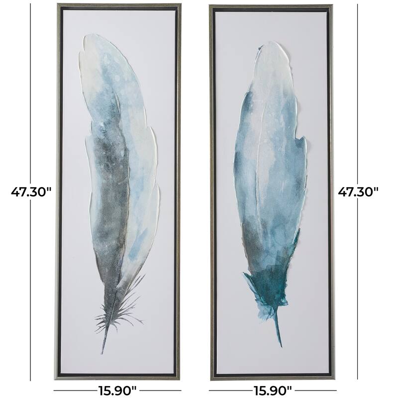 Blue Canvas Feathers Bird Framed Wall Art with Silver Frame (Set of 2)