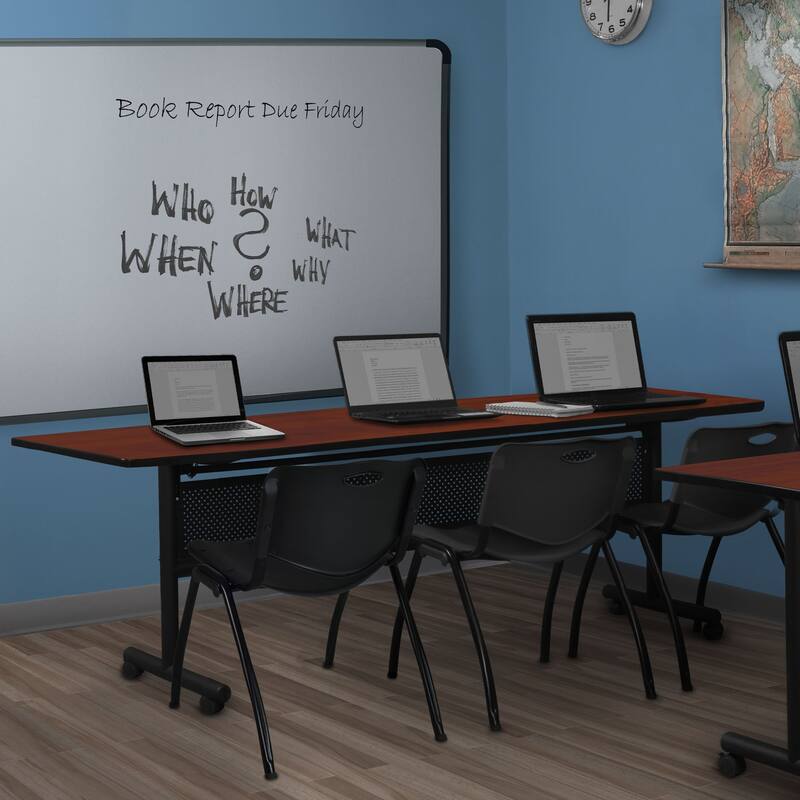 84" x 24" Flip Top Mobile Training Table with Modesty Panel- Cherry and 3 "M" Stack Chairs- Black