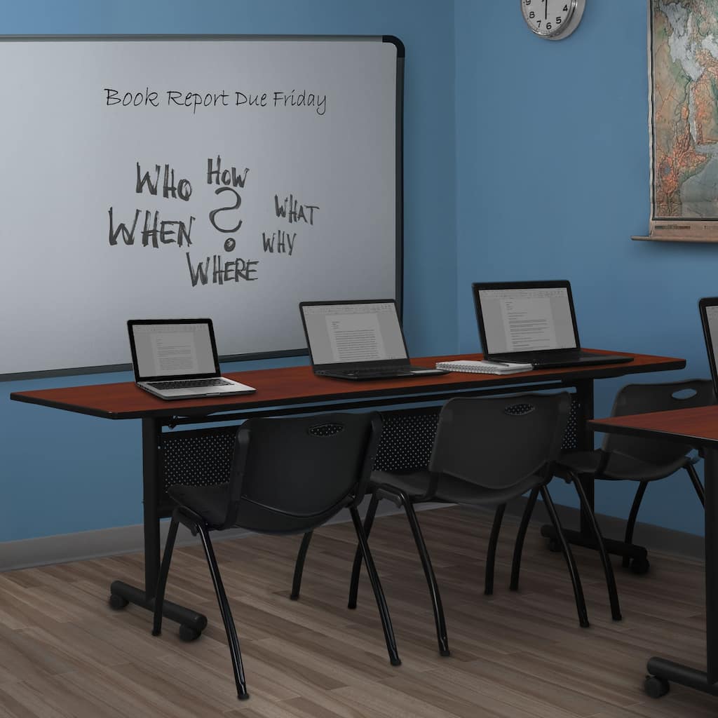 84" x 24" Flip Top Mobile Training Table with Modesty Panel- Cherry and 3 "M" Stack Chairs- Black