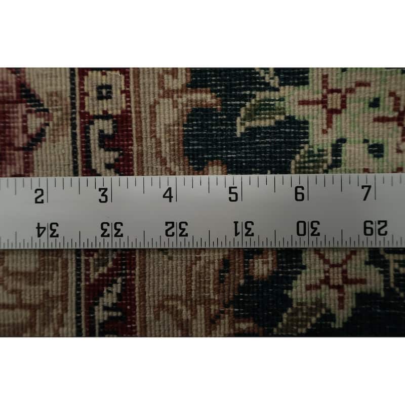 Hand Knotted Oriental Wool & Silk Carpet Traditional Floral Green Kashan Runner Rug - 10' 1'' X 2' 3''