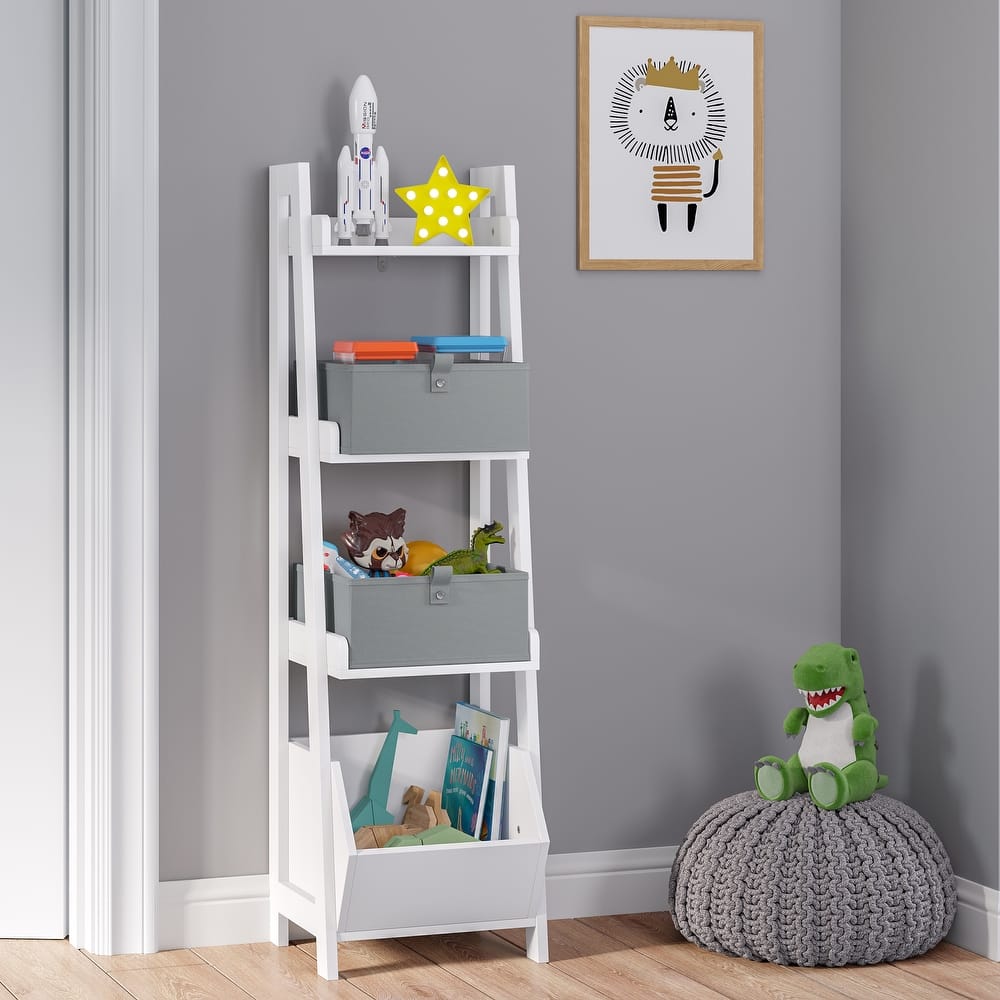 RiverRidge Kids 4-Tier 13in Ladder Shelf Toy Organizer with 3 Open Display Shelves - White with Two 5" Fabric Bins
