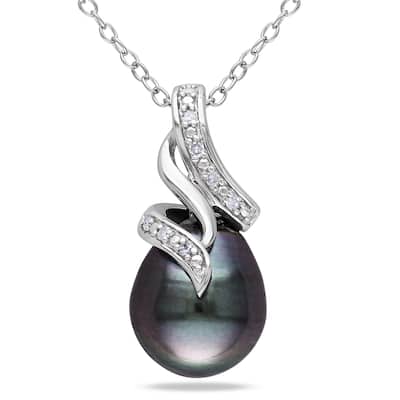 Miadora 9-10mm Tahitian Cultured Pearl Diamond Swirl Drop Necklace Sterling Silver - 21.8 mm x 18 inch x 11.4 mm