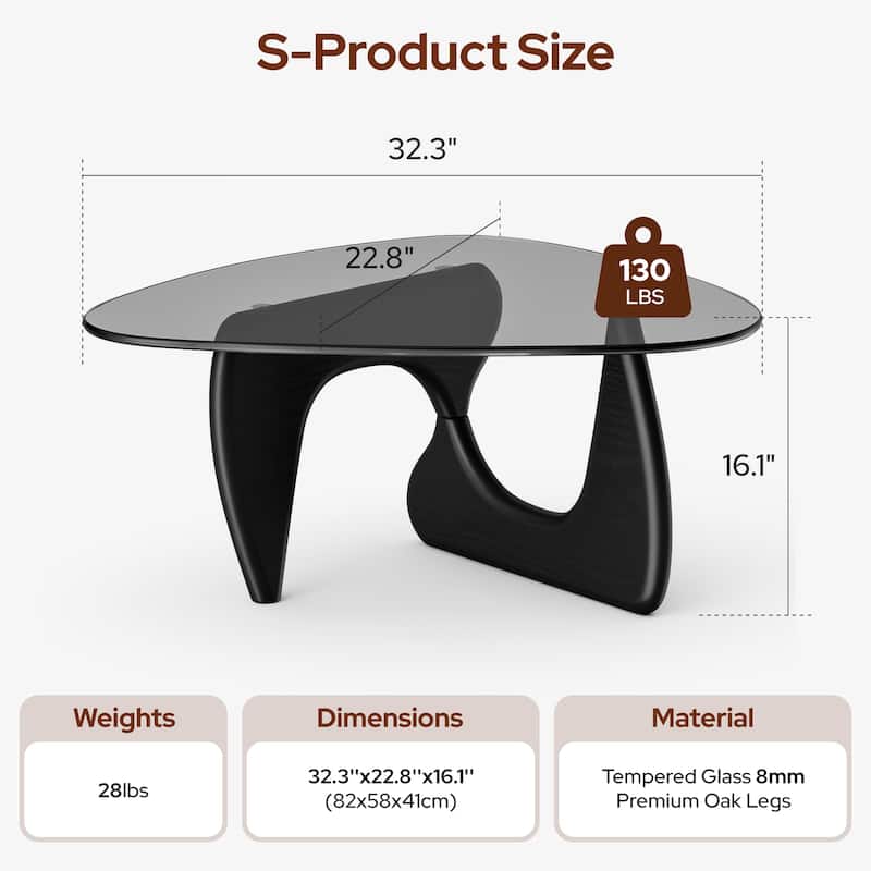 Mid Century Triangle Coffee Table Tempered Glass Top With Rubber - Grey Glass S Size