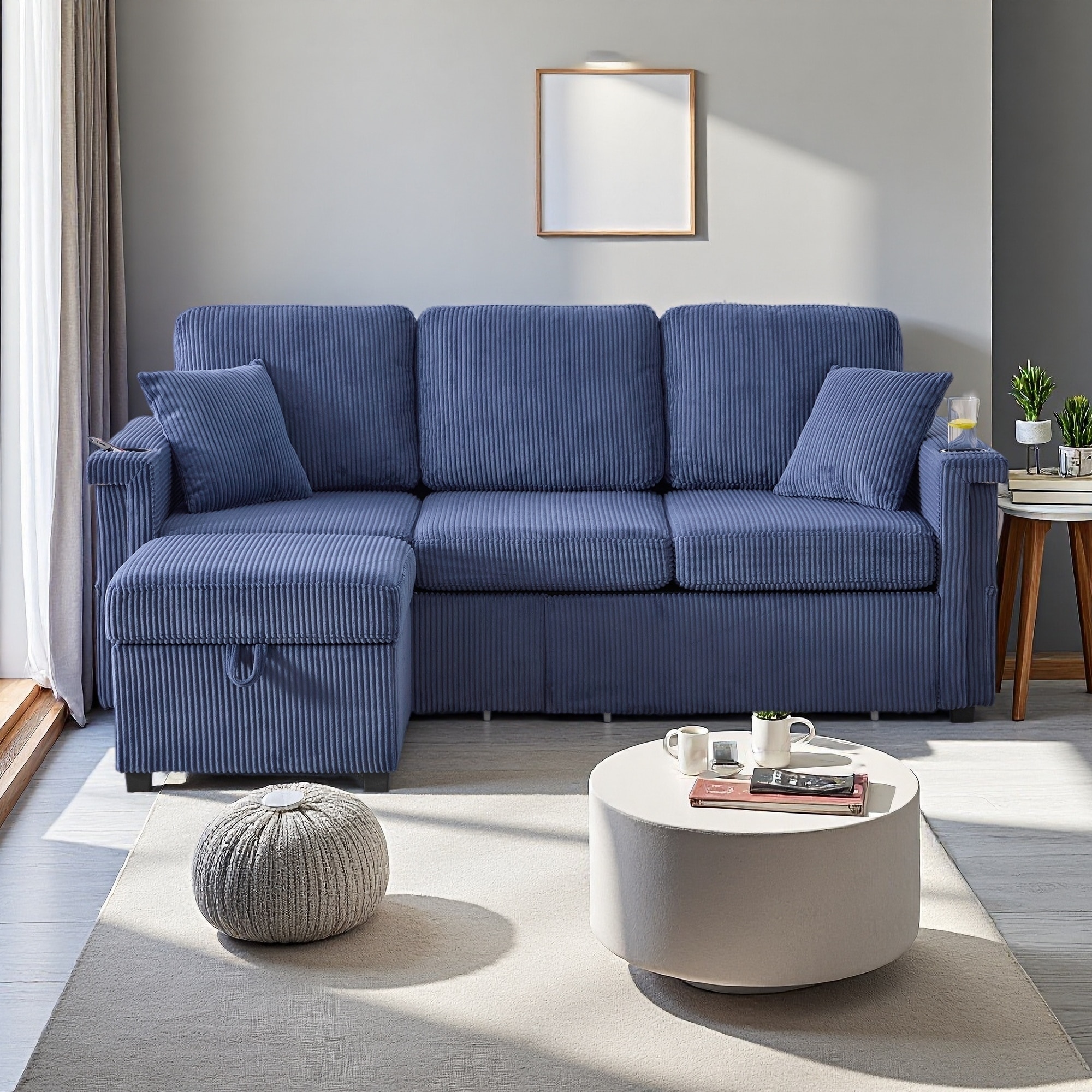76.4" Corduroy L-Shaped 4-Seat Sectional Sofa with Pull-Out Storage, USB Charging & Ottoman