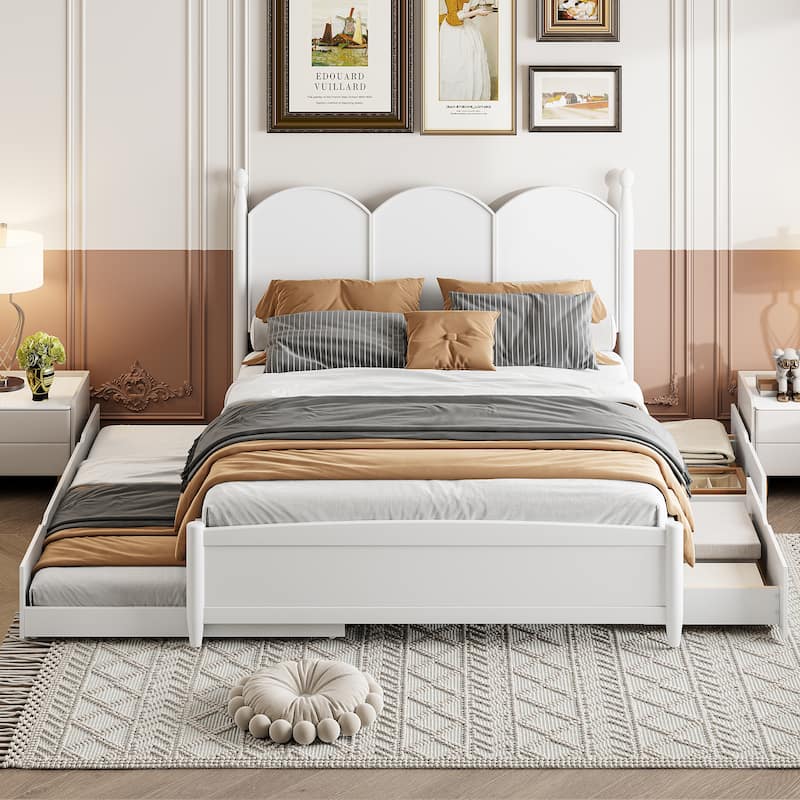 Queen Size Wood Platform Bed with 2 Drawers and Twin XL Trundle, Solid Wood Queen Bed Frame with Headboard, Wood Slats Support
