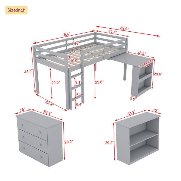 Twin Loft Bed with Drawer Cabinet, Shelf Cabinet and Pulling -Out Desk, Rubber Wood Loft Bed with Safety Guardrail, Ladder