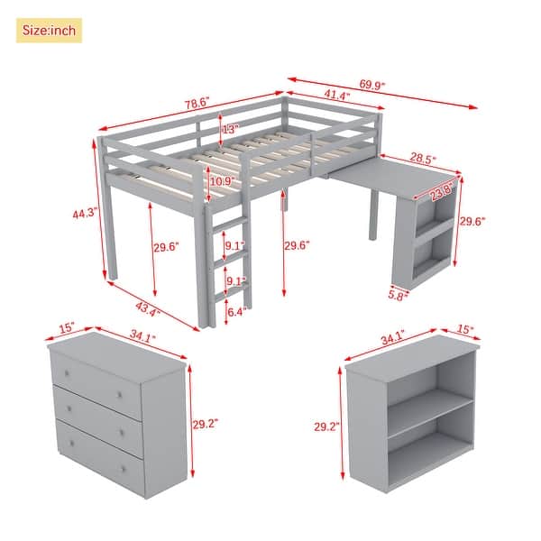 dimension image slide 0 of 2, Twin Loft Bed with Pull-Out Desk Storage Drawers Shelf Cabinets Ladder and Full-Length Guardrail Solid Wood Frame