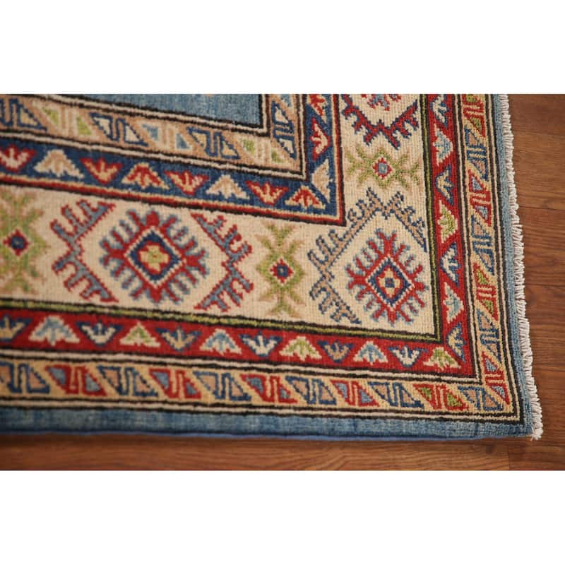 Light Blue Geometric Kazak Oriental Area Rug Handmade Wool Carpet - 4'0"x 5'11"