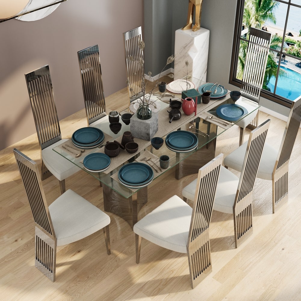 Luxurious Clear Tempered Glass Dining Table Set with Heavy Duty Dining Chairs