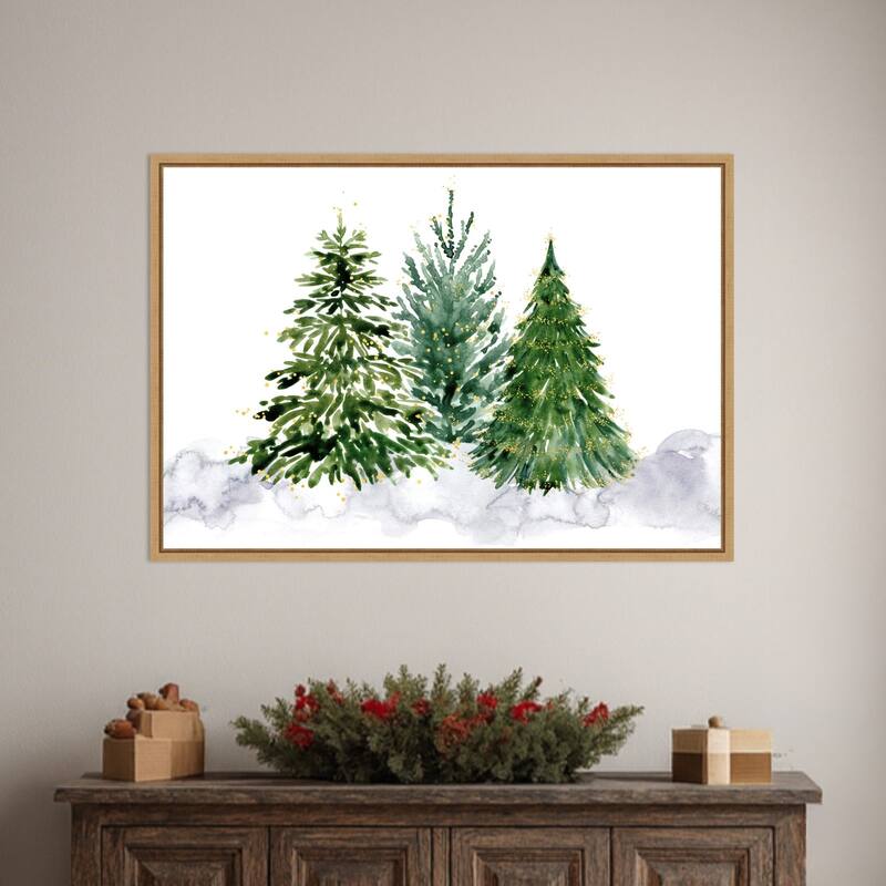 Three watercolor Christmas trees by Rosana Laiz Blursbyai Framed Canvas Wall Art Print