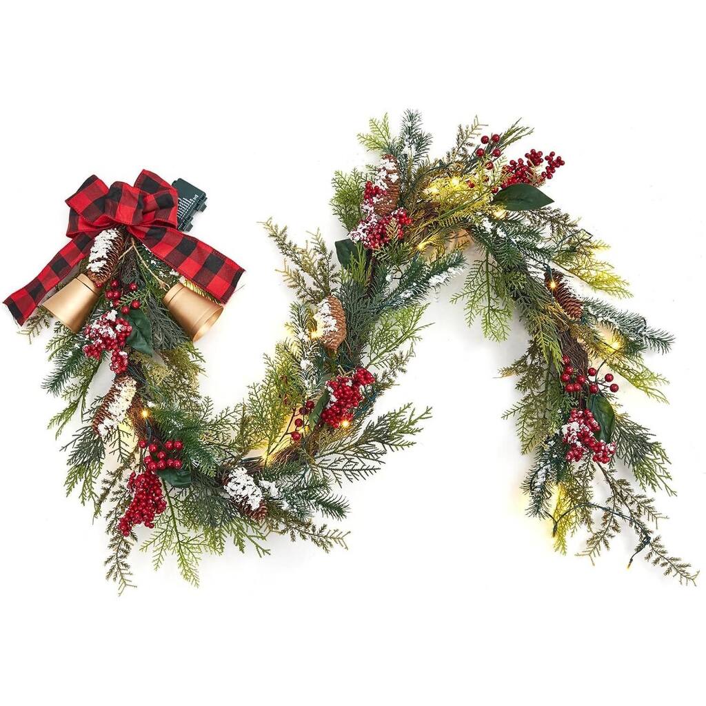 6FT Christmas Garland with LED Lights Berries Pine Cones Bells - N/A