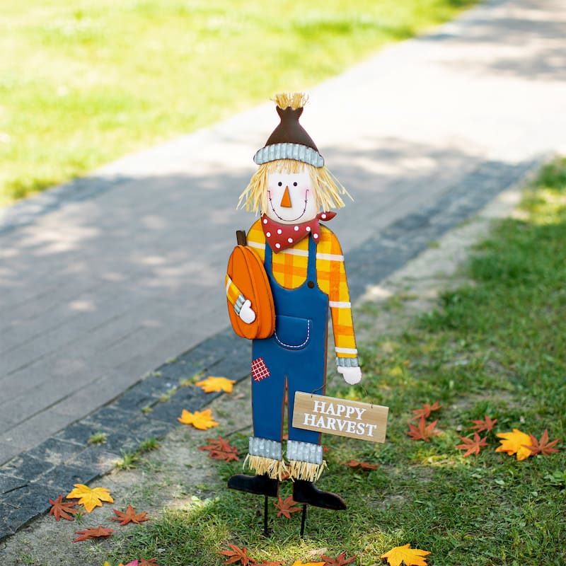 Glitzhome Fall Harvest Metal Yard Stake Hanging Decor for Thanksgiving (2-3 Functions) - 1-Piece Scarecrow