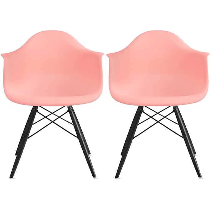 Set of 2 Molded Shell Eiffel Dining Arm Chairs - Mid-Century Modern Accent Chairs with Wood Legs