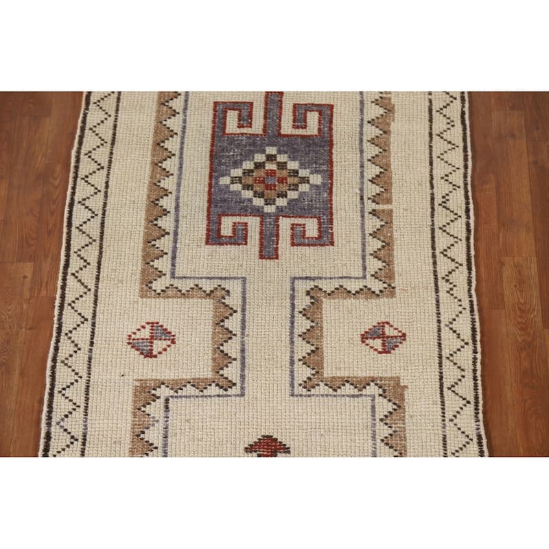 Natural Dye Anatolian Runner Rug Handmade Turkish Beige Wool Carpet - 3'4"x 10'6"