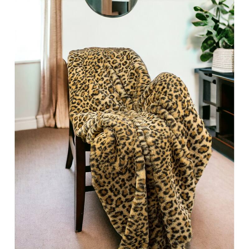 HomeRoots 50" X 70" Brown and Black Faux Fur Animal Print Plush Throw Blanket