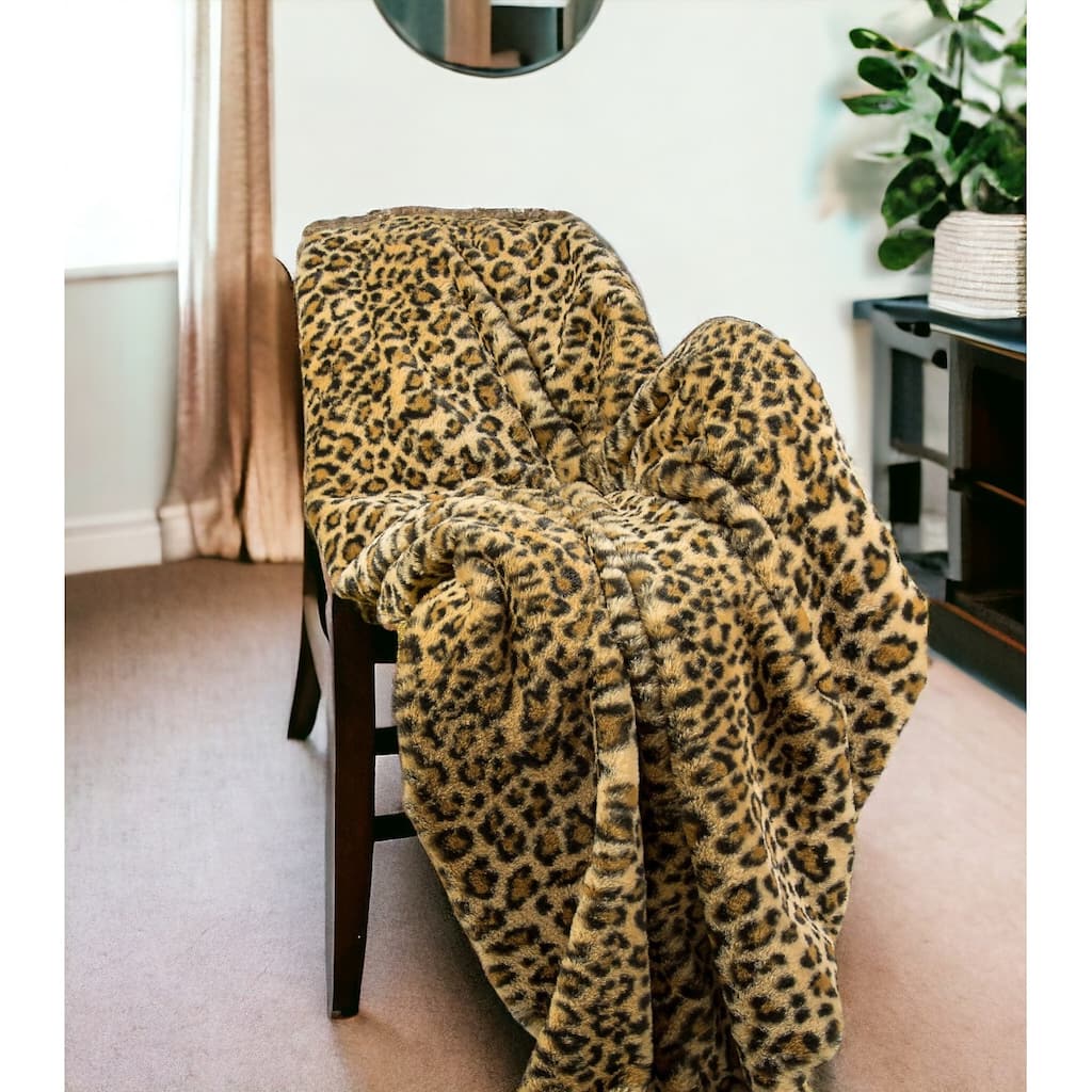 HomeRoots 50" X 70" Brown and Black Faux Fur Animal Print Plush Throw Blanket