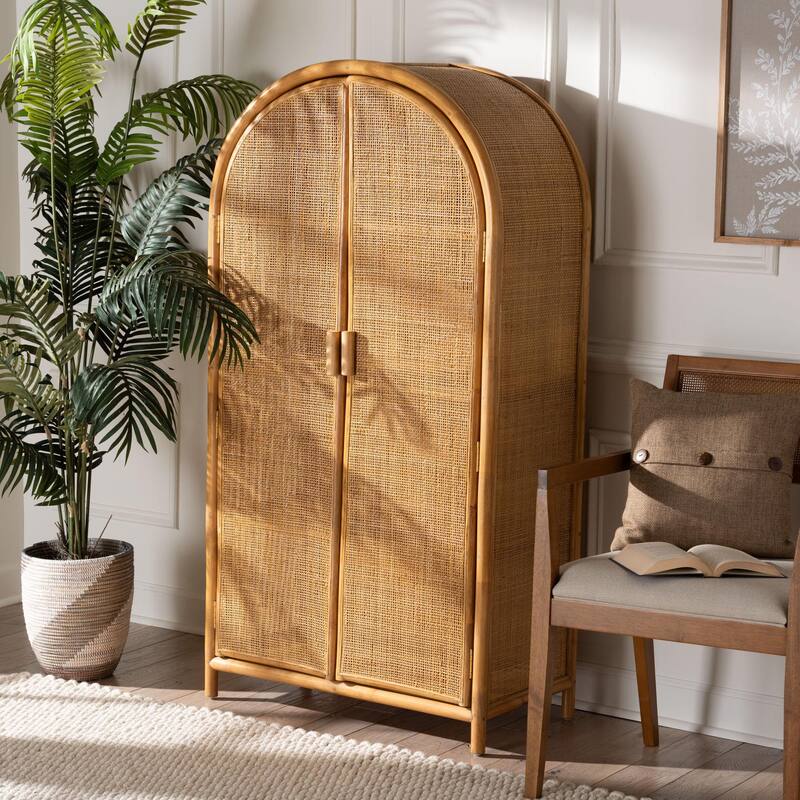 Paloma Arched Rattan Accent Cabinet with Shelves - Handwoven Cane Unit with Door, Boho Chic Furniture for Living Room