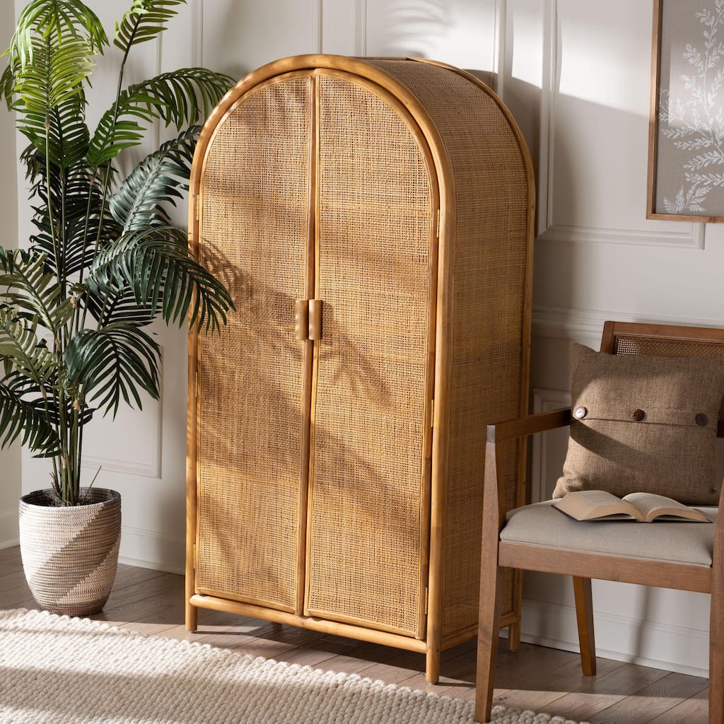 Paloma Arched Rattan Accent Cabinet with Shelves - Handwoven Cane Unit with Door, Boho Chic Furniture for Living Room