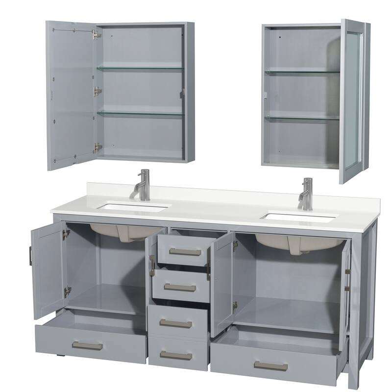 Sheffield 72-inch Double Vanity, Single Hole Quartz Top, Med Cabinets