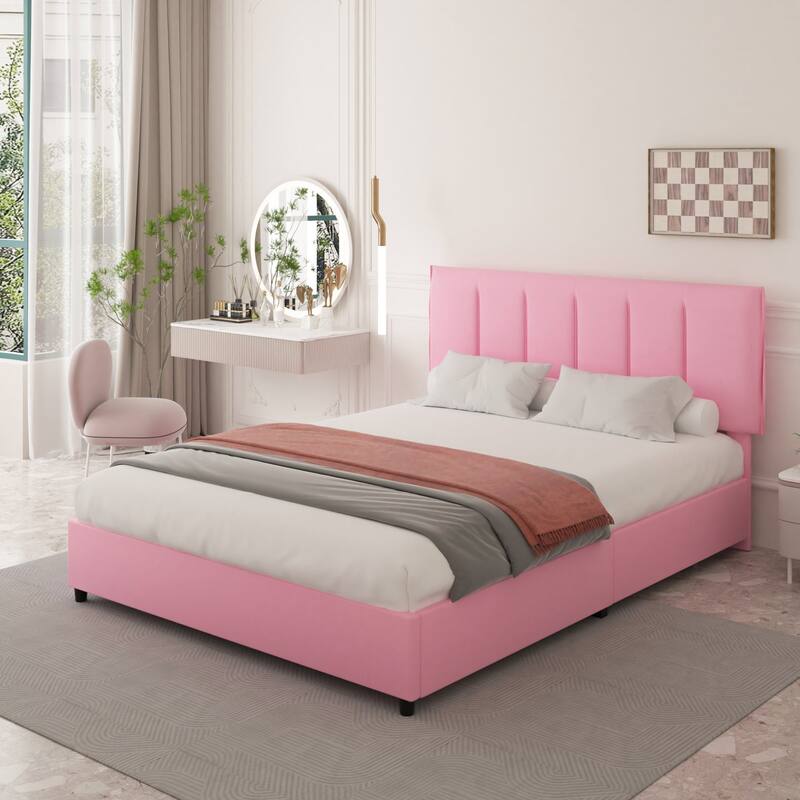 Pink Bed Frame with 4 Storage Drawers, Upholstered Platform Bed Frame with Adjustable Headboard