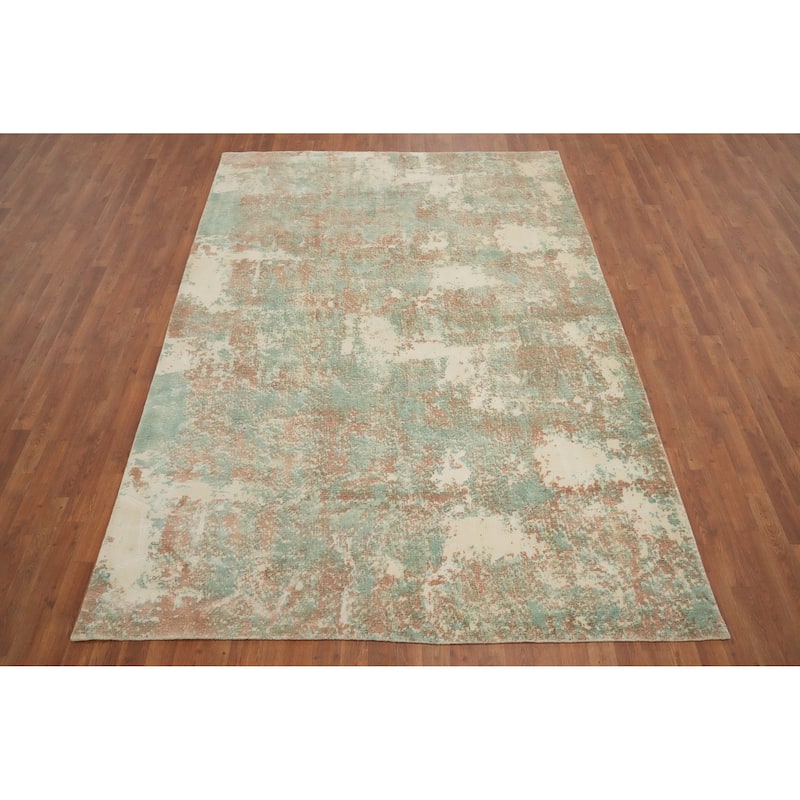 Hand Knotted Oriental Viscose Silk Carpet Modern Abstract Green Abstract Area Rug - 9' 4'' X 6' 7''